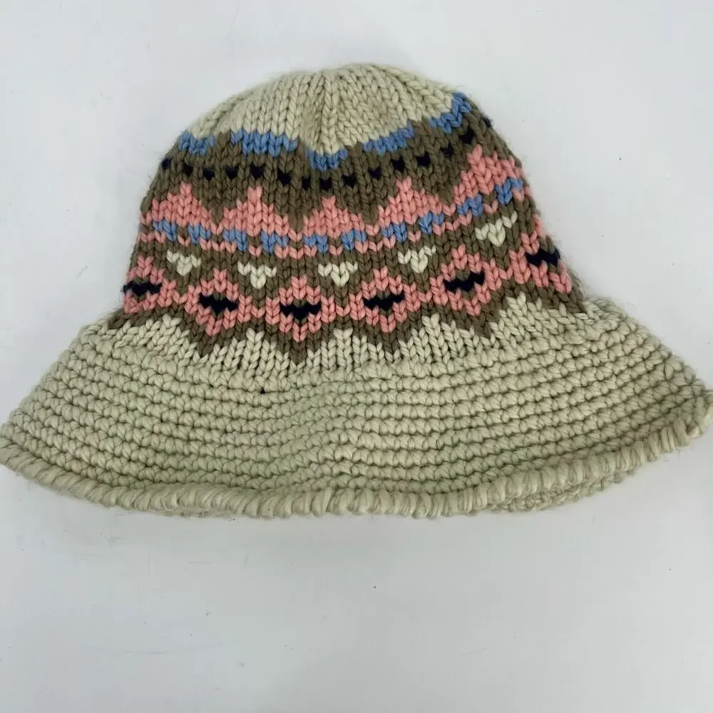 Free People High Road Fairisle Bucket Hat One Size Knit Pink Cream Blue Tan